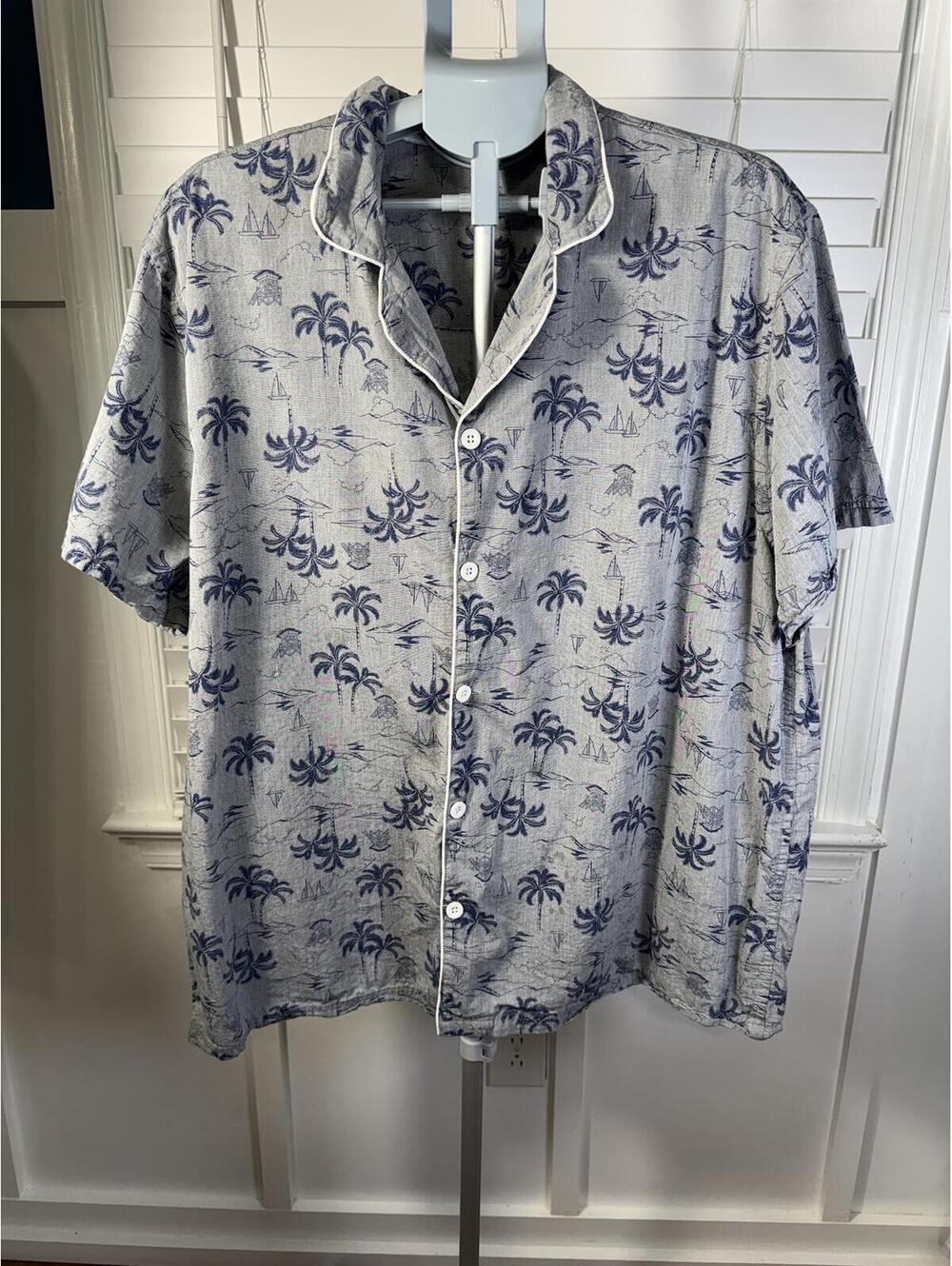PLD Men’s XL Short Sleeve Tropical Palm Tree Sailboat Button Down 100% Cotton